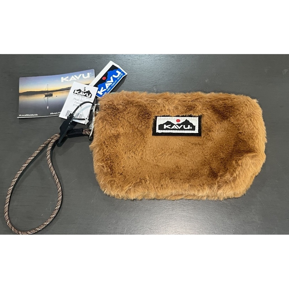 Kavu Plush Clutch Caramel Brown Fleece Zipper Wallet Pouch‎